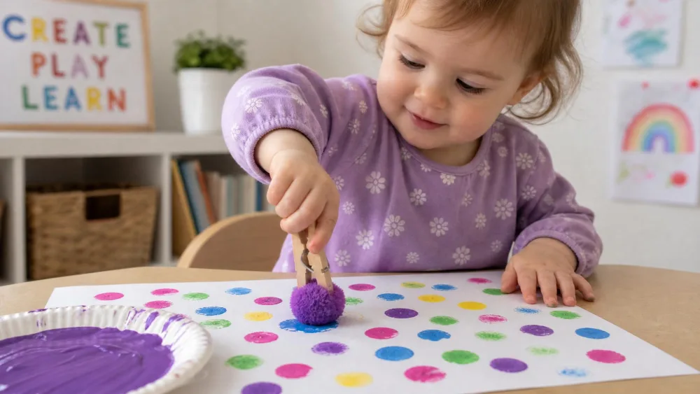 A toddler holding a clothespin-clipped pom-pom dipped in paint, stamping dots across paper.