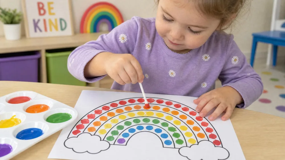A preschooler dabbing paint dots with a cotton swab to fill a printed rainbow.