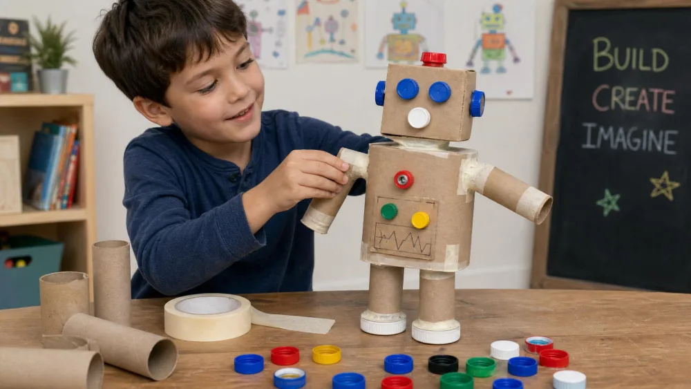 A child assembling a robot from cardboard tubes and bottle caps with tape.