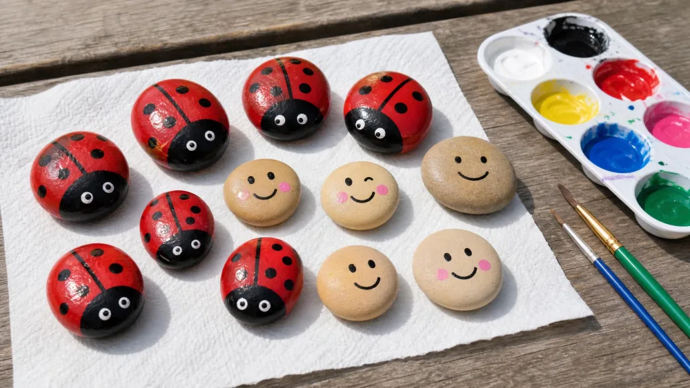 Smooth stones painted as ladybugs and simple faces drying beside a set of paints.