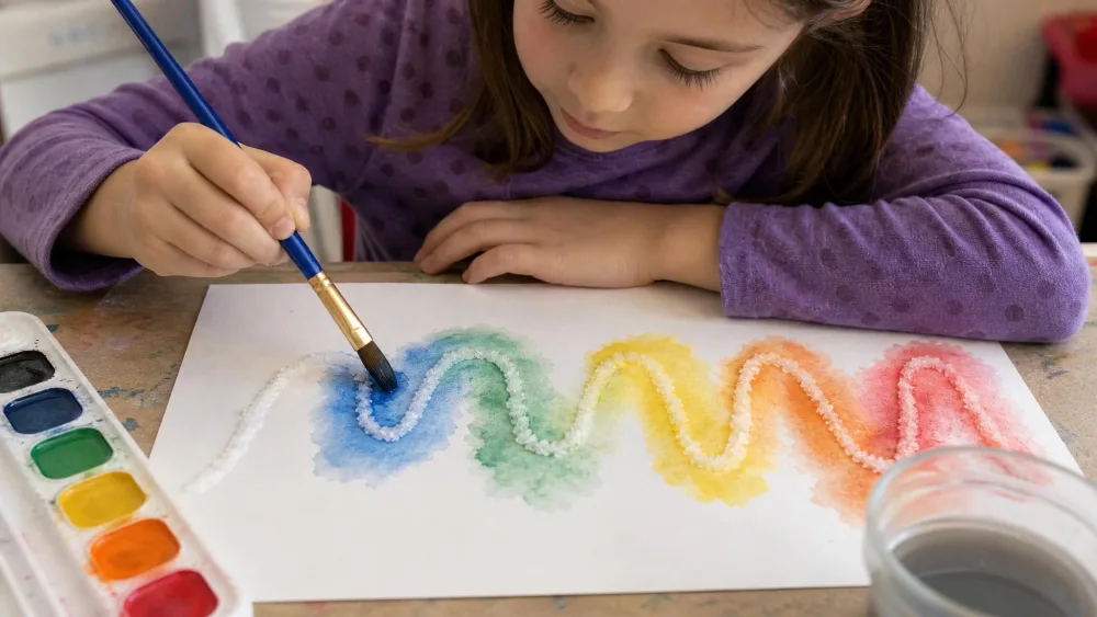 A child brushing watercolor onto a salted glue line, color spreading along the salt.