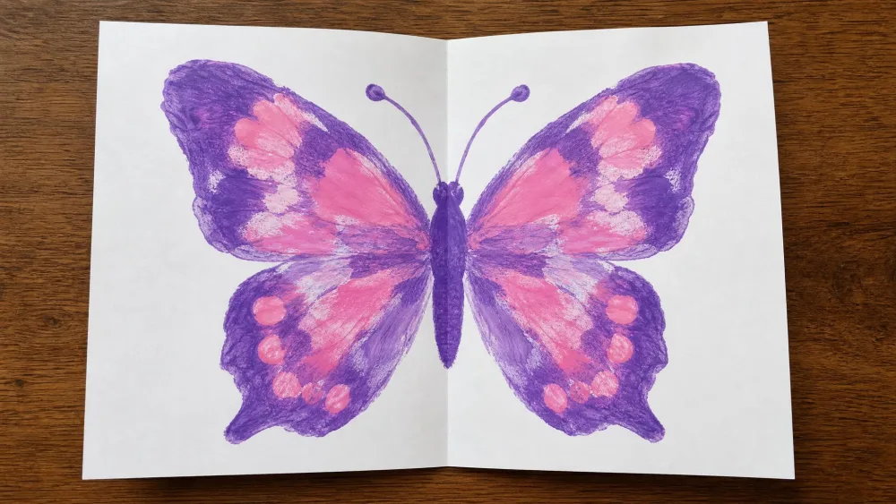 An opened folded paper showing a symmetrical butterfly print in purple and pink paint.