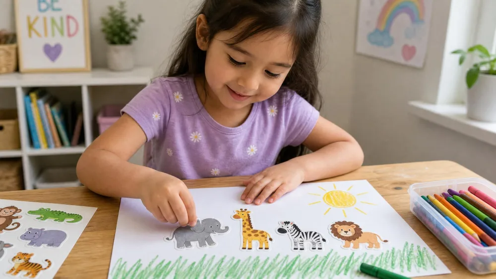 A child arranging animal stickers on paper and drawing a sun and grass around them.