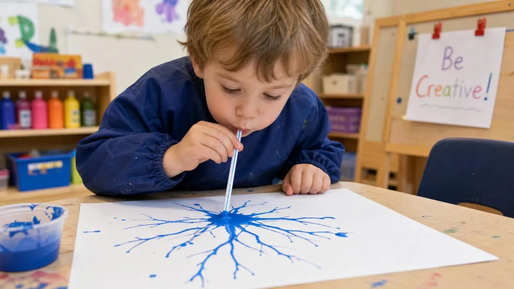 A preschooler blowing through a straw to spread a blob of blue paint into branching lines on paper.