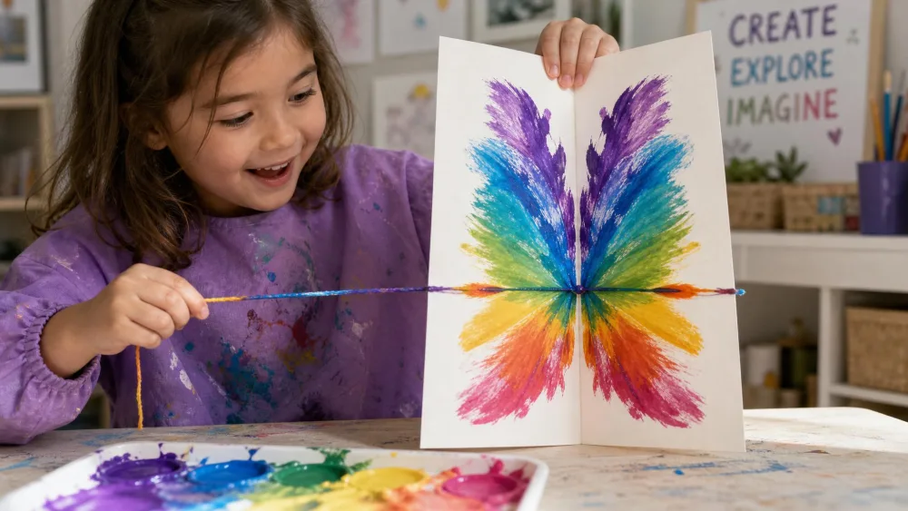 A child pulling a paint-coated string from between folded paper, revealing a feathered symmetrical print.