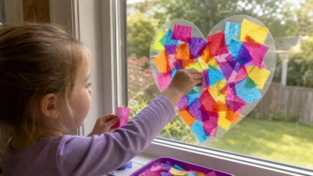 A child pressing torn tissue-paper squares onto heart-shaped contact paper on a window.