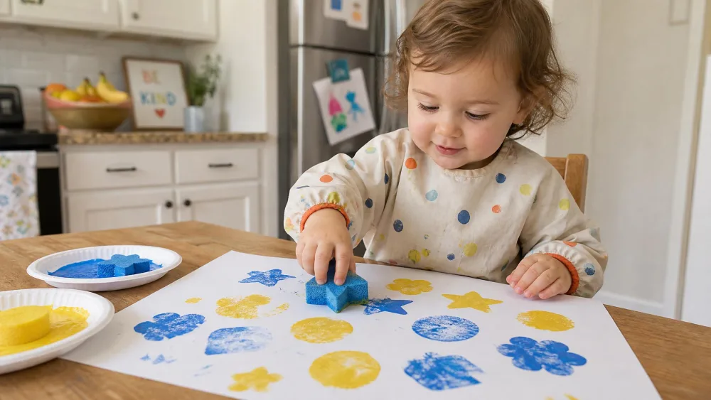 A toddler stamping sponge shapes in blue and yellow paint onto paper on a kitchen table.