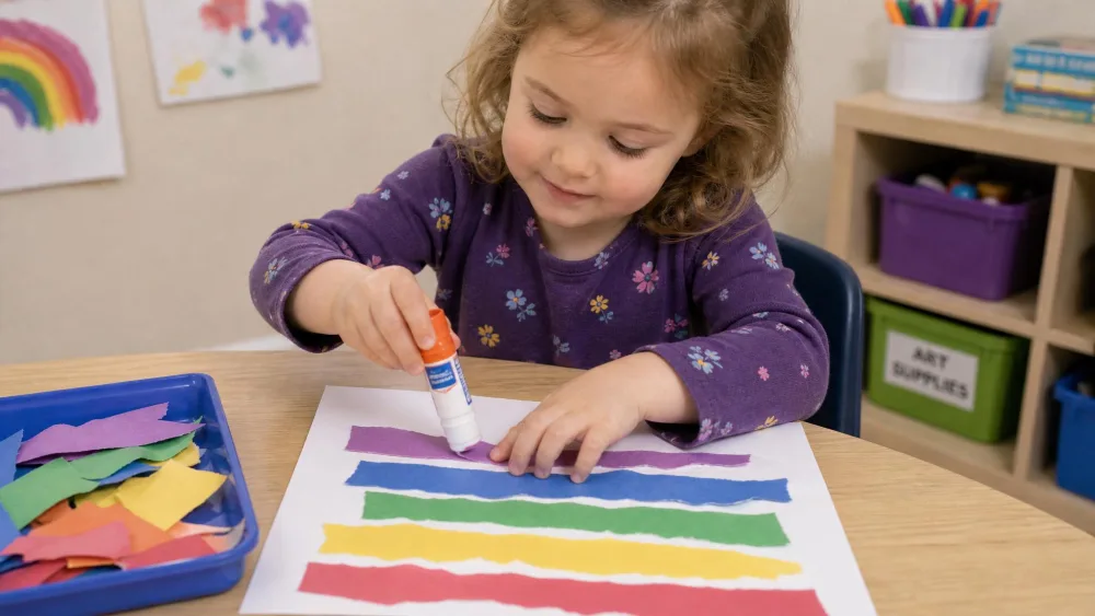 A small child gluing torn strips of colored construction paper onto white cardstock.
