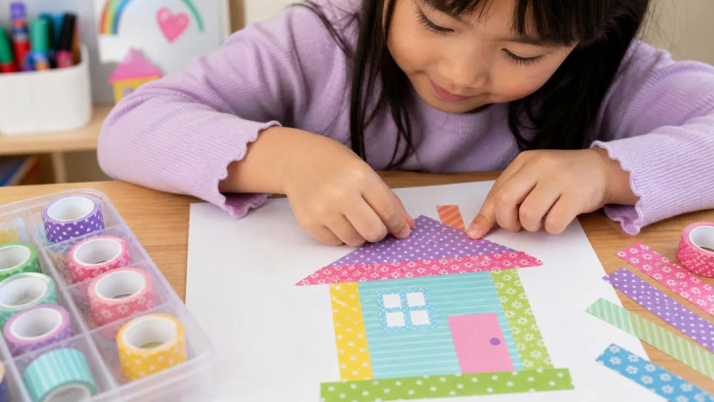 A child pressing strips of patterned washi tape onto paper to form a colorful geometric house.