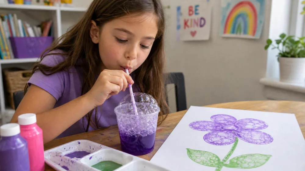 An eight-year-old blowing through a straw into a cup of purple bubble paint, with a bubble-print flower pattern already stamped onto paper nearby.