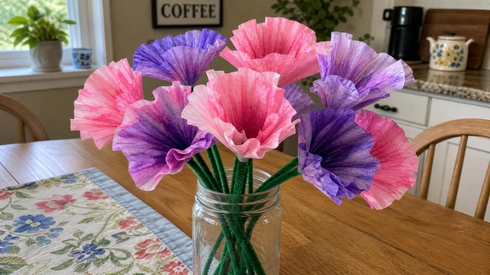 Coffee filters colored with washable markers in pink and purple, gathered onto green pipe-cleaner stems to look like flowers, arranged on a kitchen table.