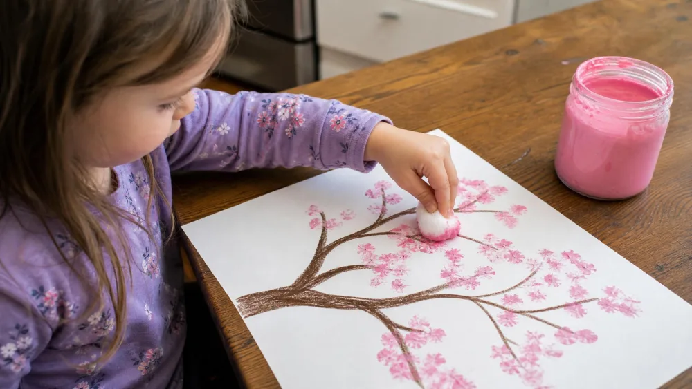 A child pressing a cotton ball loaded with pink paint onto a hand-drawn brown branch on white paper, building up a cherry blossom, with a jar of pink paint on a wooden kitchen table.
