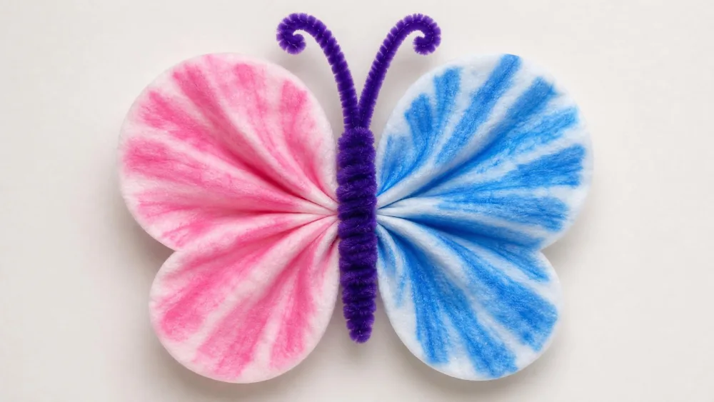 Two cotton pads colored with pink and blue marker, pinched at the center and joined with a twisted pipe-cleaner body to form a butterfly.