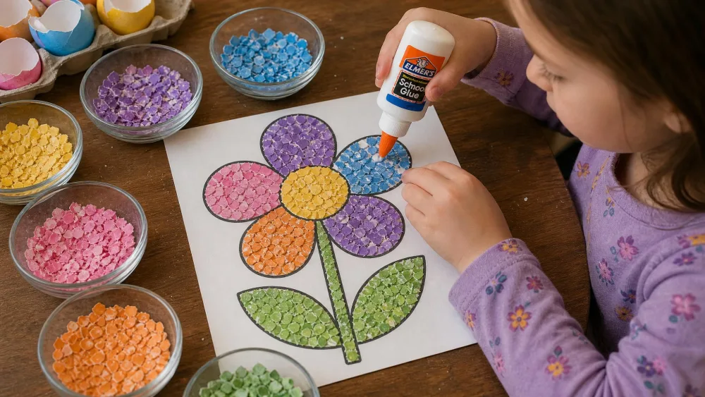 A child gluing crushed, dyed eggshell pieces onto a drawn flower outline to make a colorful mosaic on card stock.