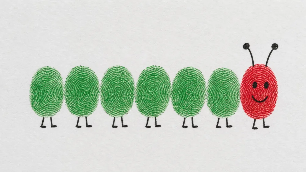 A row of green fingerprints on paper forming a caterpillar, with a red fingerprint head and small drawn-on legs and antennae.