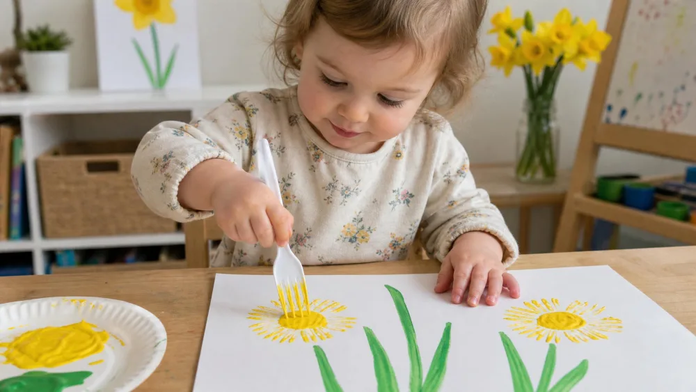 A toddler pressing a yellow-painted plastic fork onto paper in a circular pattern to form a daffodil bloom, with green paint stems beside it.