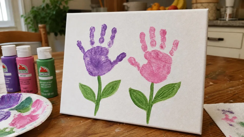 Two small painted handprints pressed onto a white canvas as flower blooms, with green painted stems and leaves, drying on a kitchen table.