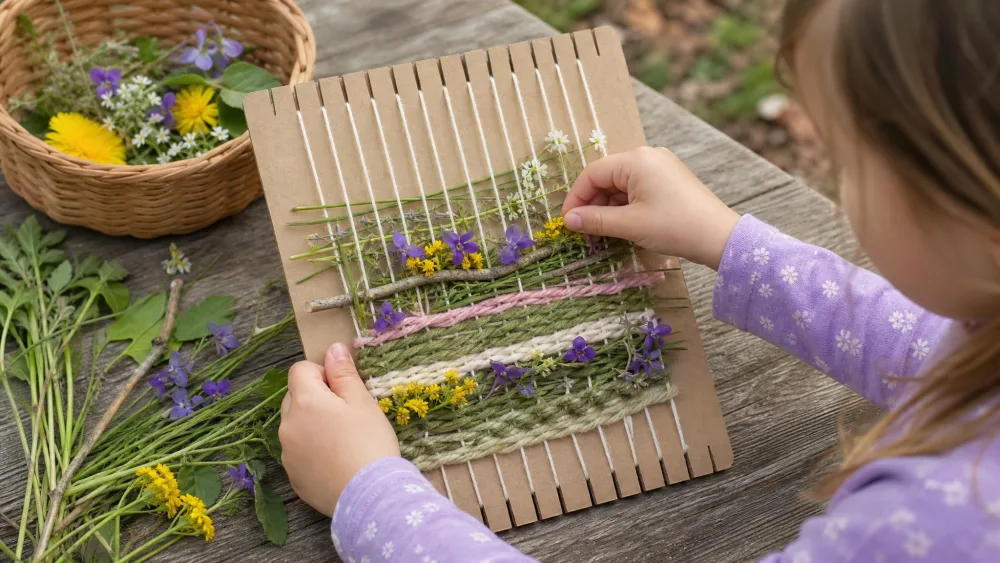 A cardboard loom strung with yarn, with a child tucking in flowers, grass, and small twigs collected on a spring walk to make a nature weaving.