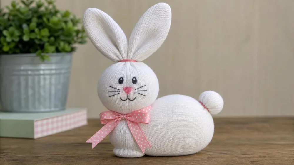 A white sock filled with rice and shaped with rubber bands into a bunny with ears and a cottontail, a drawn-on face, and a ribbon around the neck.