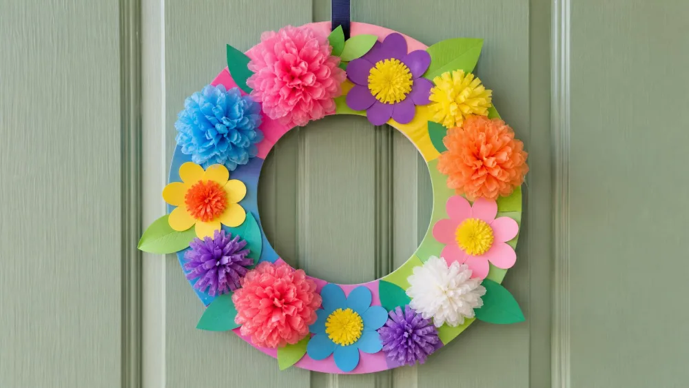 A paper plate with the center cut out, its ring covered in colorful paper and tissue flowers, hanging as a spring wreath.