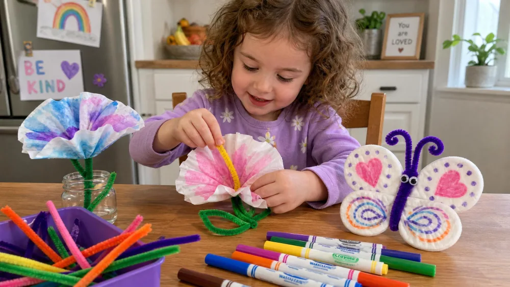 A preschooler at a kitchen table assembling coffee-filter flowers and a cotton-pad butterfly, surrounded by pipe cleaners and washable markers.