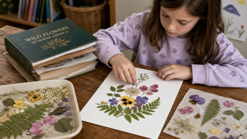 A child arranging pressed real flowers and leaves onto white card stock to make a nature collage, with a heavy book used for pressing nearby.