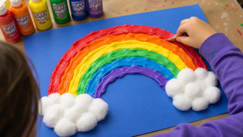 A child spreading raised, puffy rainbow-colored paint into an arc on blue paper, with cotton balls glued at each end as clouds.