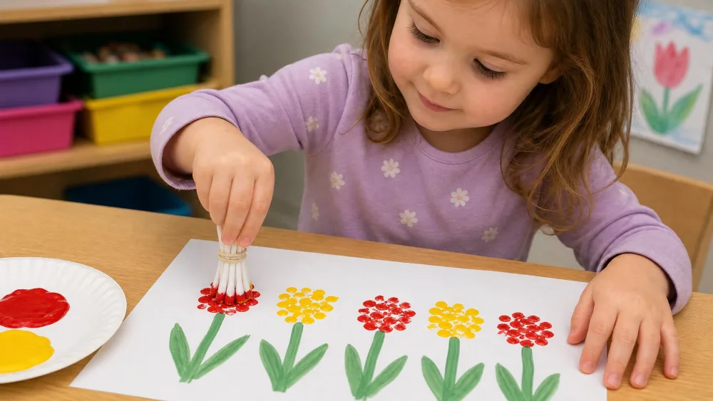 A preschooler dotting red and yellow paint with a bundle of Q-tips to form a row of tulips on paper, with green stems already painted below.