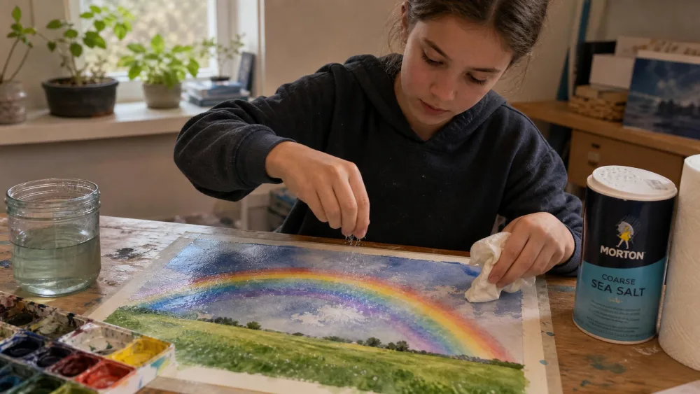 A tween painting a realistic watercolor rainbow over a green field, sprinkling coarse salt for texture and lifting cloud shapes with a tissue.