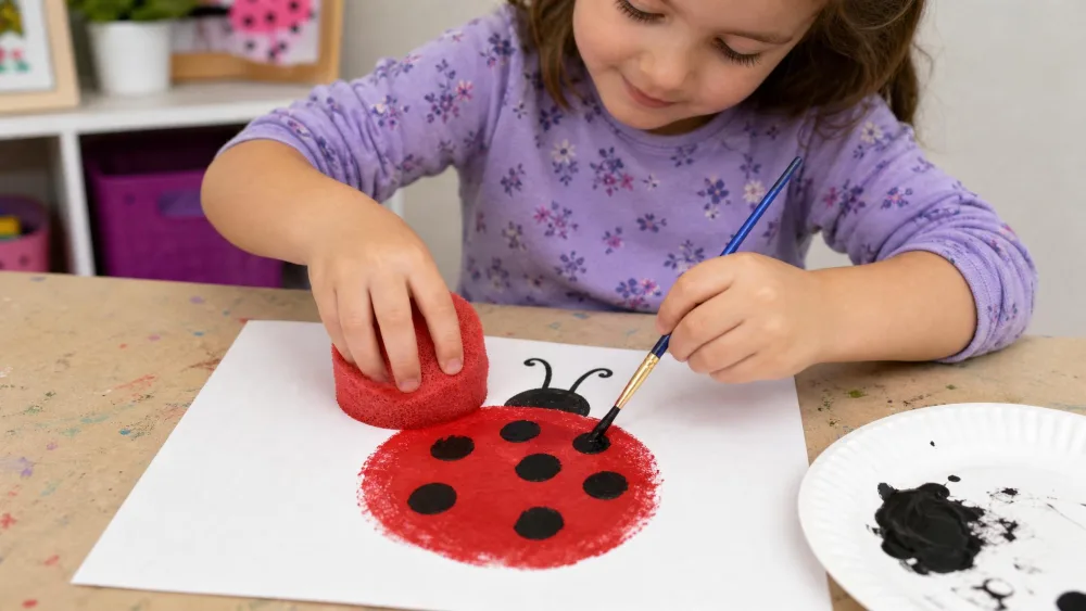 A child stamping a red sponge onto paper to make a ladybug body, with black painted dots being added by hand.