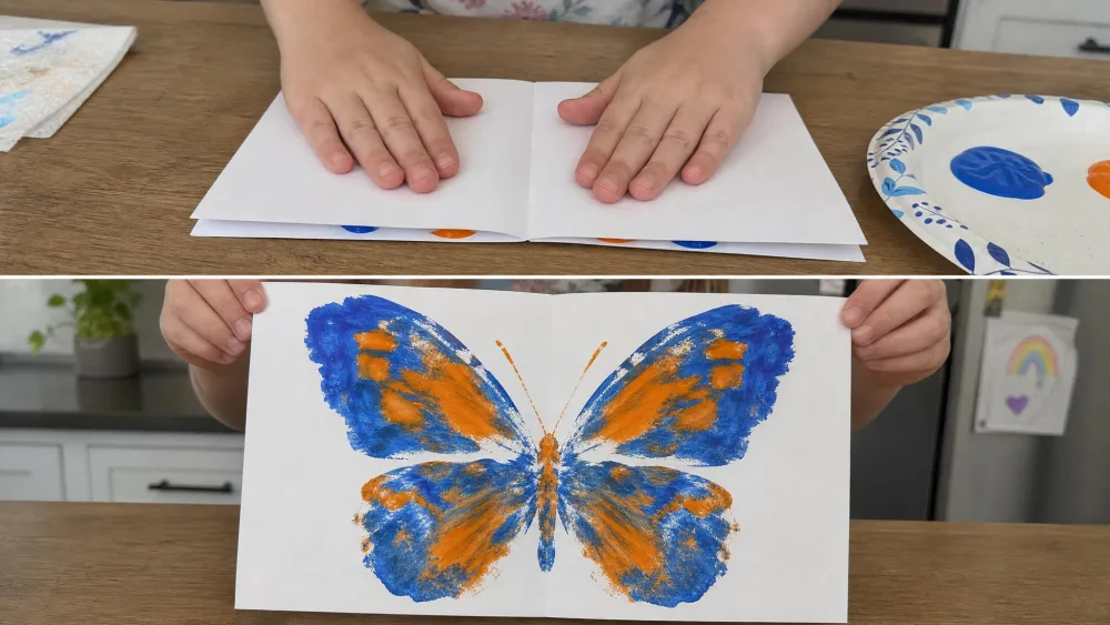 A folded sheet of paper being pressed flat over dabs of blue and orange paint, opening to reveal a symmetrical butterfly print, on a kitchen table.