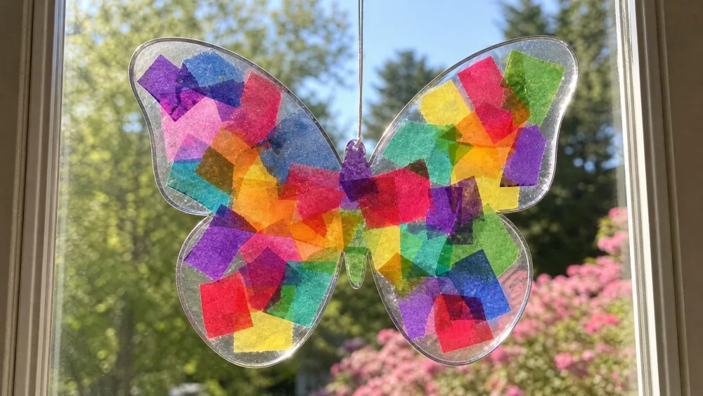 Torn squares of colored tissue paper pressed onto clear contact paper cut in a butterfly shape, hanging in a window as a suncatcher.