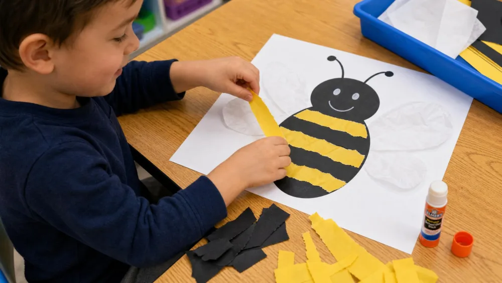 A child tearing yellow and black construction paper into strips and gluing them into the striped body of a bee, with tissue-paper wings.