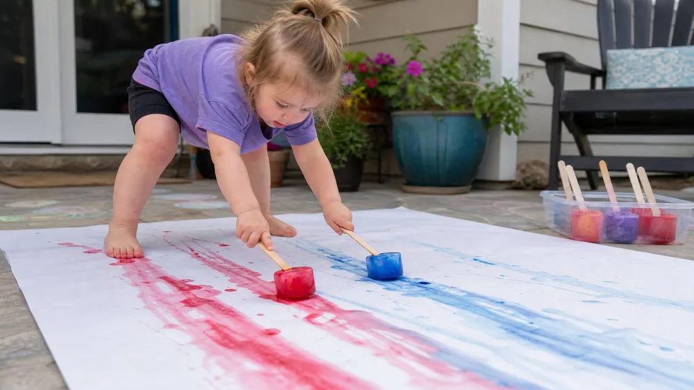A toddler dragging melting colored ice cube paints across a large sheet of paper on a patio, streaks of red and blue trailing behind each cube, craft sticks frozen into the cubes as handles.