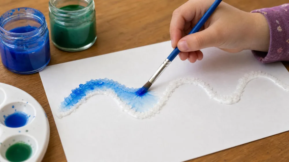A child's hand touching a blue watercolor-loaded brush to a salt-covered glue line on paper, with the color spreading along a wave shape, jars of blue and green paint nearby on a wooden table.