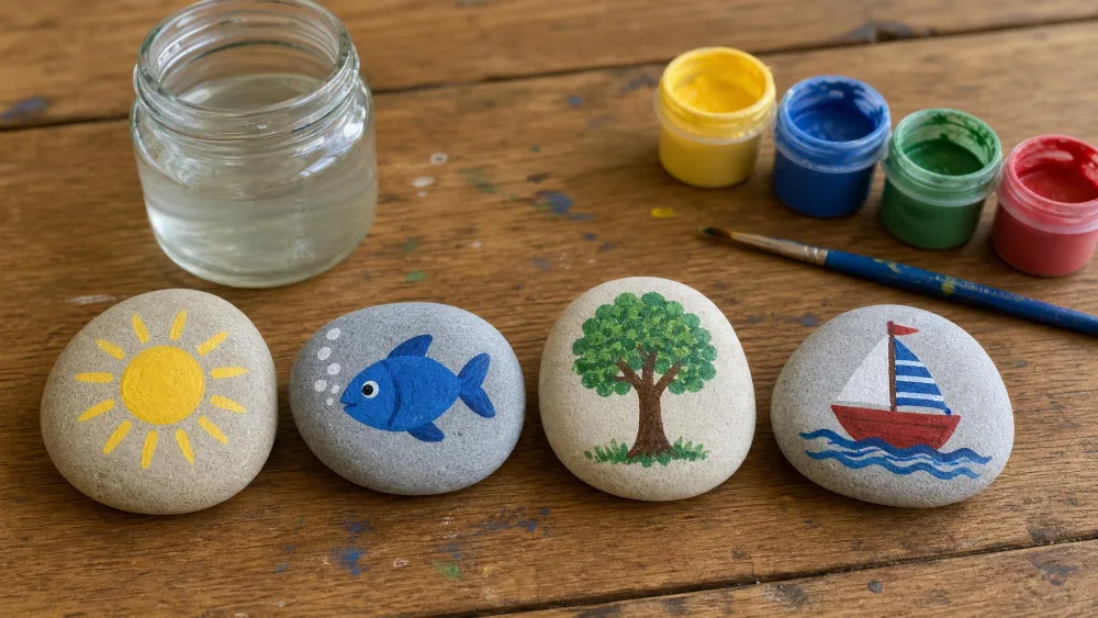 A collection of smooth rocks painted with simple pictures of a sun, a fish, a tree and a boat, arranged in a row on a wooden table beside an open jar and small paint pots.
