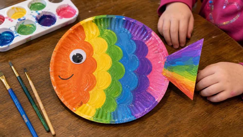 A finished paper plate fish painted in rainbow scales with a triangle tail glued on and a large googly eye, sitting on a kitchen table beside paint brushes and a five-year-old's hands.