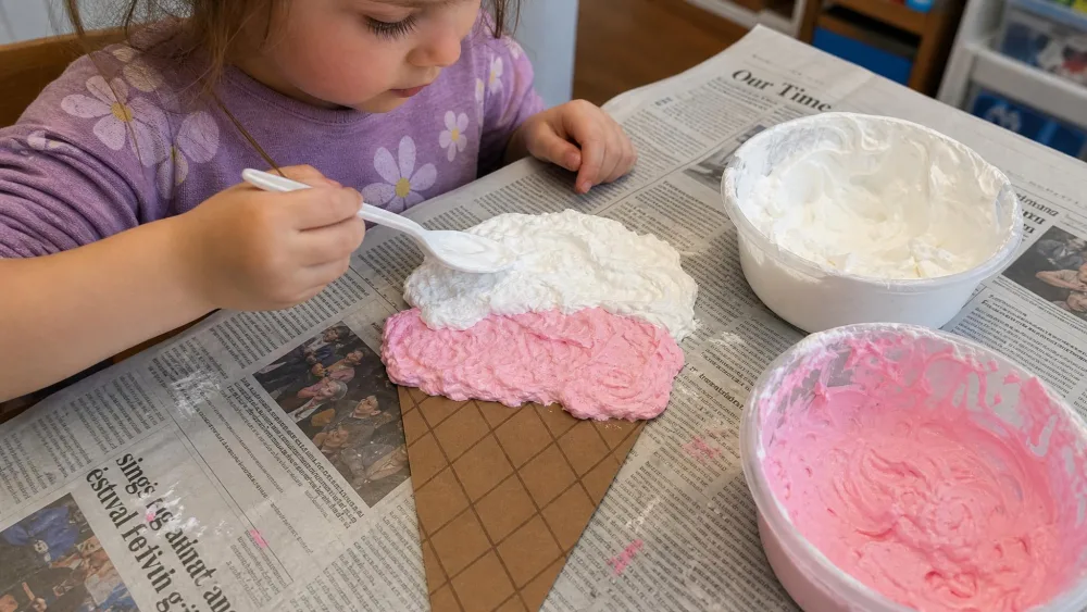 A child spooning fluffy white and pink puffy paint made from shaving cream and glue onto a brown paper ice cream cone shape, the raised texture visible, on a newspaper-covered table.