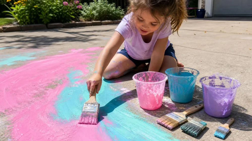 Two children brushing bright homemade cornstarch chalk paint in pink and turquoise across a sunny concrete driveway, plastic cups of colored paint and wide brushes on the ground beside them.