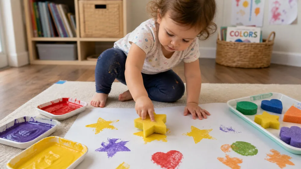 A toddler pressing a star-shaped sponge dipped in yellow paint onto a large sheet of paper on the floor, several cut sponge shapes and shallow paint trays spread out within reach.