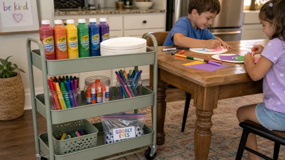 A low three-tier rolling cart beside a kitchen table stocked with washable paint bottles, a stack of white paper plates, jars of markers, glue sticks, and a bag of googly eyes, within easy reach of two young children.