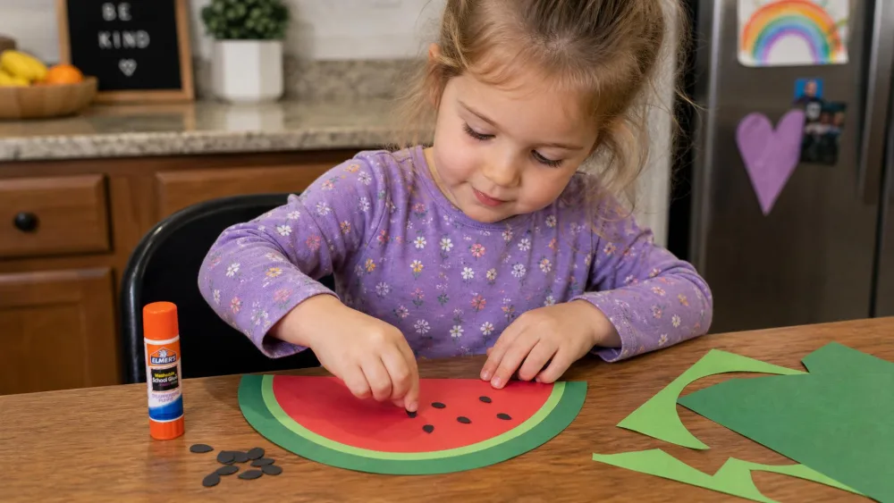 A preschooler gluing small black paper seeds onto a red-and-green paper watermelon slice card on a kitchen table, a glue stick and green cardstock scraps beside the work.
