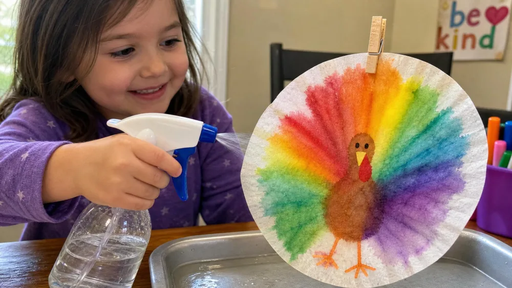 A child spraying water onto a marker-colored coffee filter so the colors bleed into a turkey.