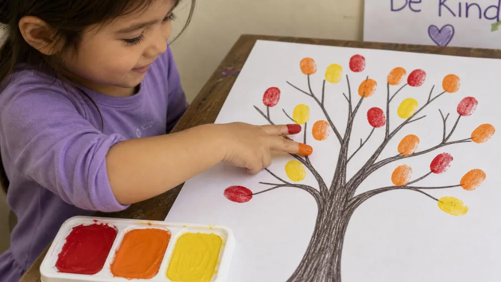 A child pressing red, orange, and yellow fingerprint leaves onto a hand-drawn bare tree.