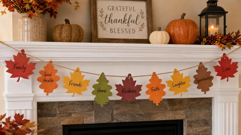 A paper garland of fall leaves strung across a mantel, each labeled with gratitude.