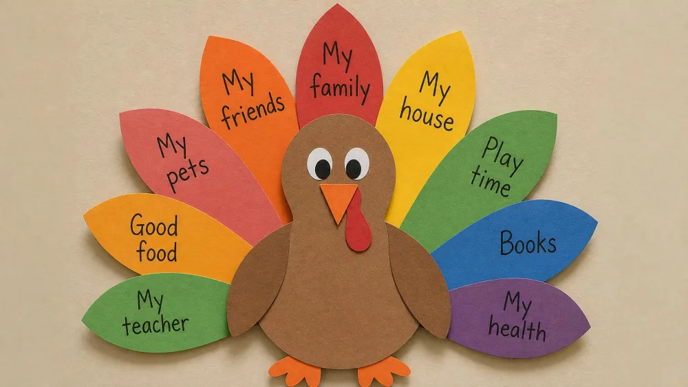 A paper turkey with each feather labeled with something a child is thankful for.