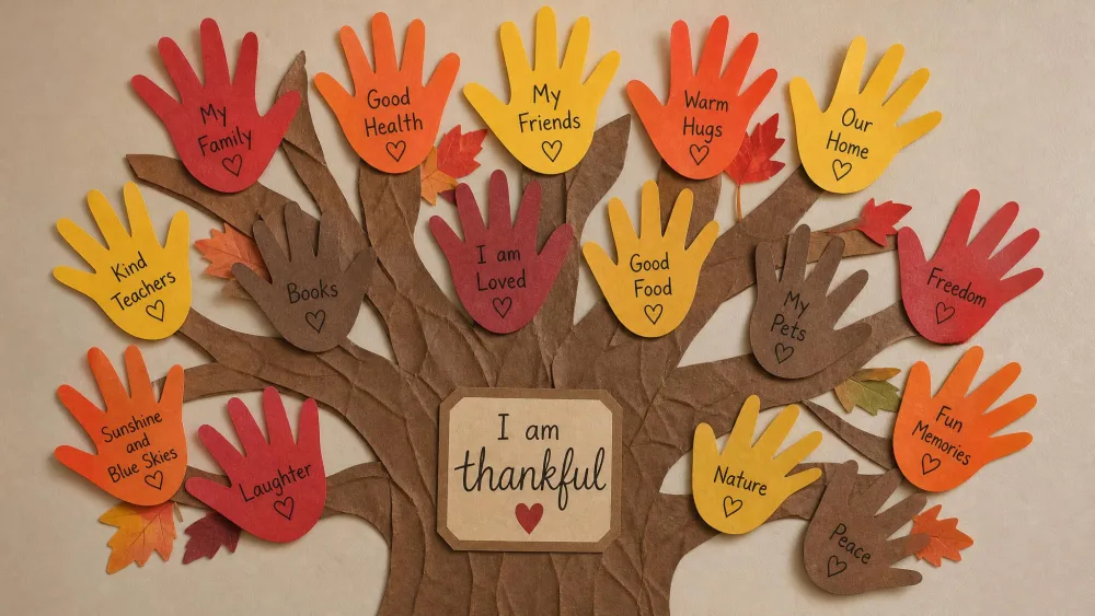 A paper tree with cut-out handprint leaves in fall colors labeled with thankful messages.