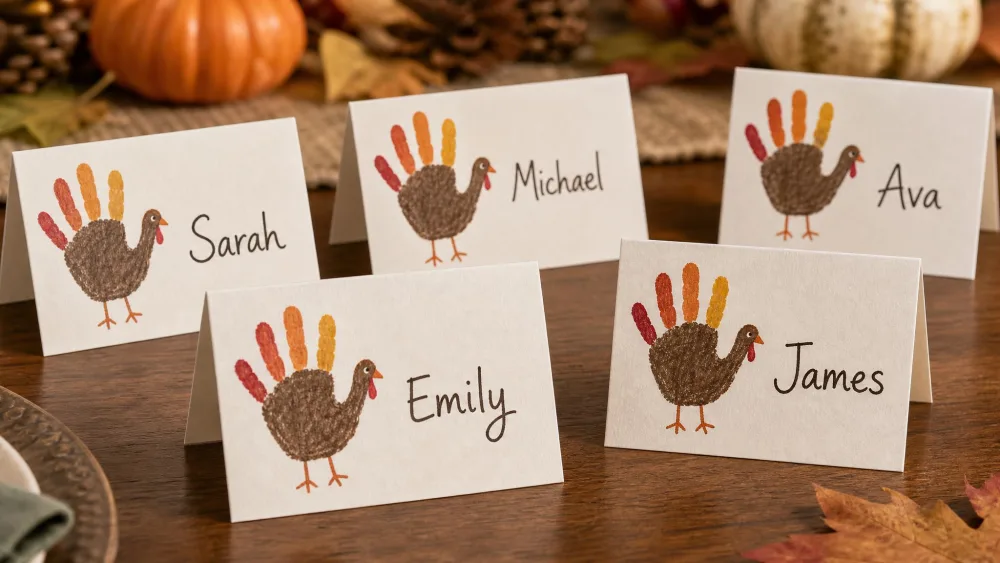 Folded place cards decorated with small handprint turkeys and guest names.