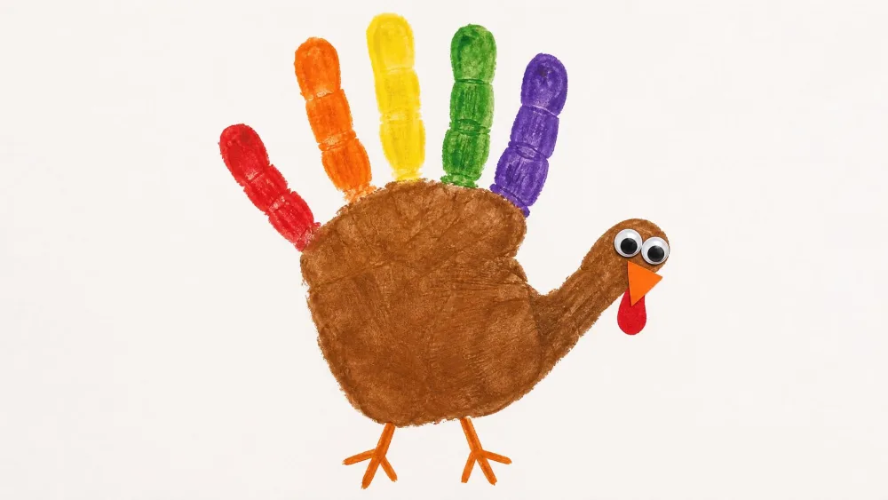 A toddler's brown handprint turned into a turkey with colorful finger feathers and a googly-eyed head.