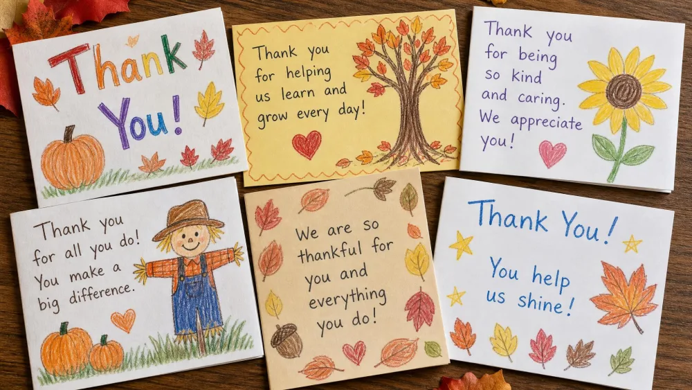 Handmade thank-you cards decorated by children with fall drawings and gratitude notes.
